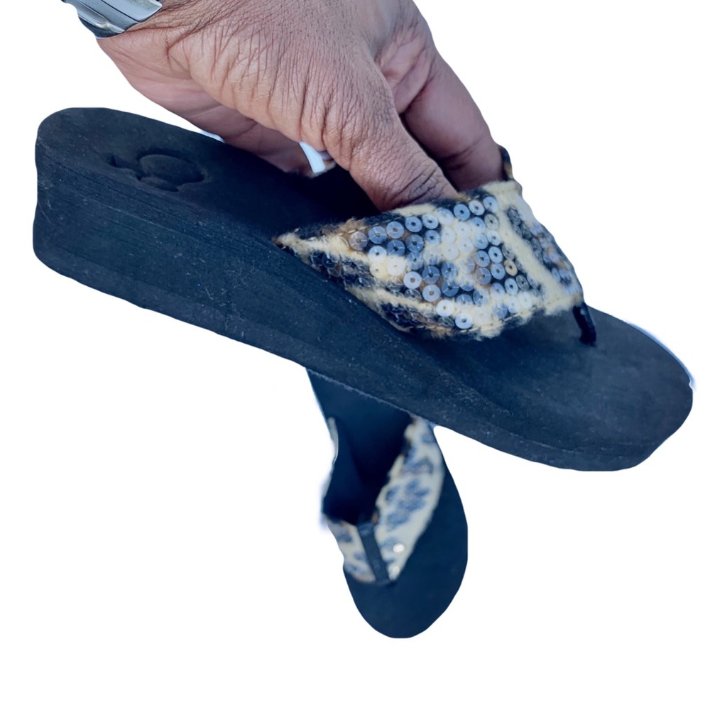 New Kids' Size 5 Sandals, sequins leopard pattern.